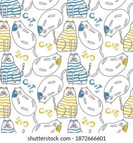Seamless pattern with cute cats and the word cats. Outline vector illustration. Great for packaging design, wrapping paper, scrapbooking.