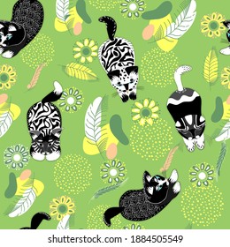 Seamless pattern with cute cats,flowers and feathers.Kittens in black and white,surrounded by abstract simple flowers in green and yellow.Creative childish texture.Creat for fabric,textile.
