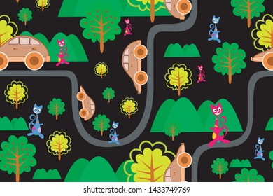 seamless pattern with cute cat,tree,mountain,car and road on black background.