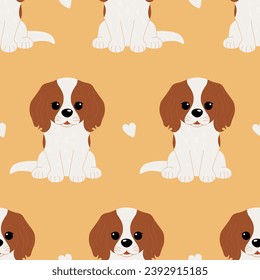 Seamless pattern with cute Cavalier King Charles Spaniel dog and hearts isolated on yellow background. Vector flat illustration