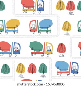 Seamless pattern with cute cement mixers and trees for fabric, wrapping, textile, wallpaper, apparel design. Vector illustration background. 