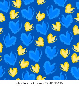 Seamless Pattern with Cute Chalk Blue and Yellow hearts on navy background. Vector illustration.