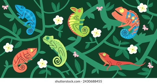 Seamless pattern with cute chameleons, butterfly and flowers in liana foliage. Cartoon tropical lizard, predator animal flat vector illustration. Exotic guana pet from the wild jungle on green