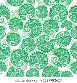 Seamless pattern with cute chameleons . Cartoon tropical lizard vector illustration. Use for textile, fabric, wallpaper and other surface design.