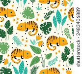 Seamless pattern with cute chameleons with tropical leaves and flowers on a light background. Cartoon tropical lizard vector illustration. Use for textile, fabric, wallpaper and other surface design.