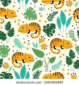 Seamless pattern with cute chameleons with tropical leaves and flowers on a light background. Cartoon tropical lizard vector illustration. Use for textile, fabric, wallpaper and other surface design.