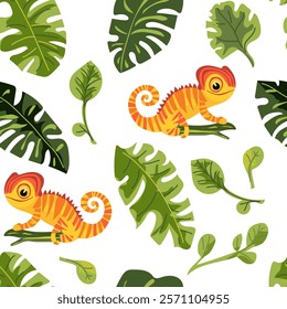 Seamless pattern with cute chameleons with tropical leaves on a white background. Cartoon tropical lizard vector illustration. Use for textile, fabric, wallpaper and other surface design.