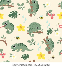 Seamless pattern with cute chameleons, tropical leaves, flowers and insects in flat cartoon style for kids textile and surface design