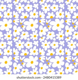 Seamless pattern with cute chamomile flowers and petals. Vector floral ornament background