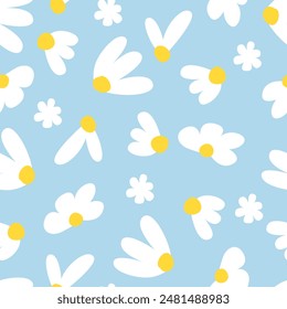 Seamless pattern with cute chamomile flowers and petals. Vector floral blossom background in naive kid style