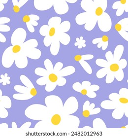 Seamless pattern with cute chamomile flowers. Vector floral blossom background in naive kid style