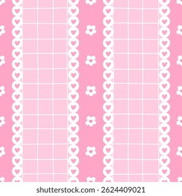 Seamless pattern with cute chamomile flowers, hearts, and gingham background. Vector spring design perfect for fabric, gift wrap, and children products