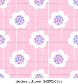 Nahtloses Muster mit süßen Kamillenblumen, Herzen und Gingham-Hintergrund. Vektor Feder Design perfekt für Stoff, Geschenkverpackung und Kinder Produkte