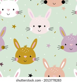 Seamless pattern cute character - animal baby bunny. Vector print for baby shower. Printable templates. Vector pattern with rabbit.