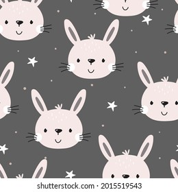 Seamless pattern cute character - animal baby bunny. Vector print for baby shower. Printable templates. Vector pattern with rabbit.