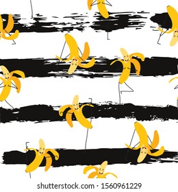 Seamless pattern with cute character banana meditate, dance, have a fun. Kid banana for health, fitness nutrition on hand drawn strip background. Vector Illustration