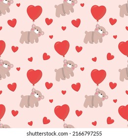 Seamless pattern cute character bear with balloon heart shape. suitable for wrapping paper, wallpaper, fabric kids and etc.