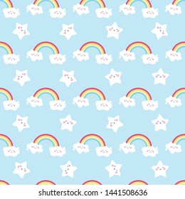 seamless pattern cute character children theme rainbow cloud stars on blue background. Vector illustration for kid. Pattern suitable for posters, postcards, fabric or wrapping paper.