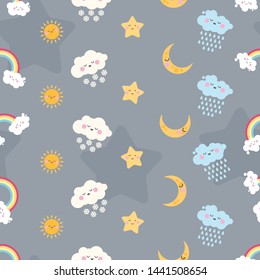 seamless pattern cute character children theme moon rainbow cloud snow on grey background. Vector illustration for kid. Pattern suitable for posters, postcards, fabric or wrapping paper.