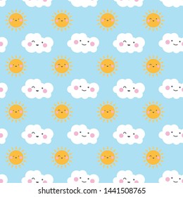 seamless pattern cute character children theme cloud sun sky on blue background. Vector illustration for kid. Pattern suitable for posters, postcards, fabric or wrapping paper.