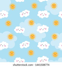 seamless pattern cute character children theme sun cloud on blue background. Vector illustration for kid. Pattern suitable for posters, postcards, fabric or wrapping paper.
