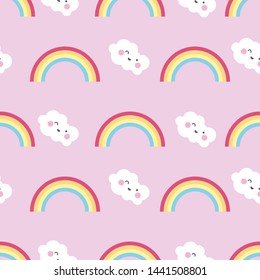 seamless pattern cute character children theme cloud rainbow on pink background. Vector illustration for kid. Pattern suitable for posters, postcards, fabric or wrapping paper.