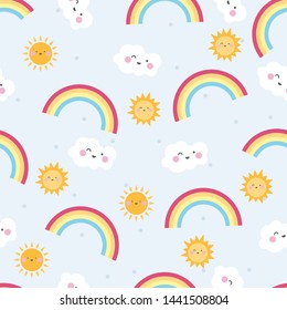 seamless pattern cute character children theme rainbow sun cloud on light background. Vector illustration for kid. Pattern suitable for posters, postcards, fabric or wrapping paper.