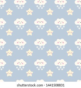 seamless pattern cute character children theme cloud winter snow stars on grey background. Vector illustration for kid. Pattern suitable for posters, postcards, fabric or wrapping paper.