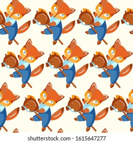 Seamless pattern. Cute character fox with baby toy horse. Flat cartoon style.