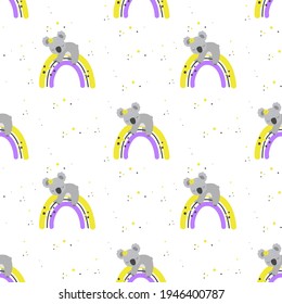 Seamless pattern with cute character koala and rainbow. Cute vector illustration for kids - koala. Ideal print for fabrics, textiles and gift wrapping Baby Shower.