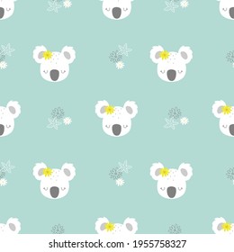 Seamless pattern with cute character koala face. Cute vector illustration for kids - koala. Ideal print for fabrics, textiles and gift wrapping.