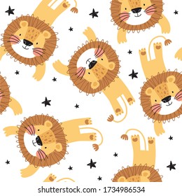 Seamless pattern with cute character lion. Cute vector illustration for kids - lion. Ideal print for fabrics, textiles and gift wrapping Baby Shower