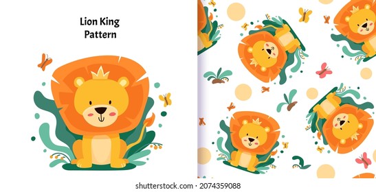 Patrón sin foco con el tierno rey león. Ilustración vectorial para niños. Se puede usar para imprimir textiles y envolver de regalo Baby Shower. Ilustración de dibujos animados