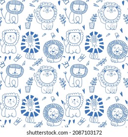 Seamless pattern with cute character lion. Cute vector illustration for kids - lion. Ideal print for fabrics, textiles and gift wrapping.