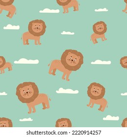 Nahtloses Muster mit süßem Charakterlion. Cute Vektorgrafik für Kinder - Löwe. Idealer Druck für Stoffe, Textilien und Geschenkverpackung Kinderdusche.