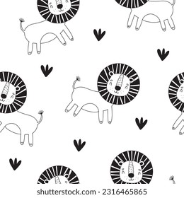 Patrón sin foco con un tierno león. Ilustración portadora de niños - león. Impresión ideal para tejidos, textiles y envoltura de regalo Baby Shower
