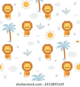 Seamless pattern with cute character lion, palm tree and butterfly. Cute vector illustration for kids. 