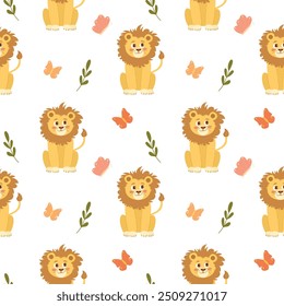 Seamless pattern with cute character lion with butterflies in the tropical forest. Jungle animal. Vector pattern for kids. Flat style.