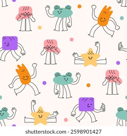 Seamless pattern with cute character shape with funny expression. Cartoon isolated vector illustration.