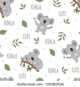 Seamless pattern. Cute character - sleeping animal baby Koala bear. Vector print for baby shower.