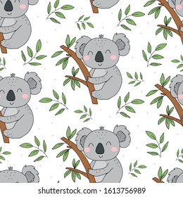 Seamless pattern. Cute character - sleeping animal baby Koala bear. Vector print for baby shower.