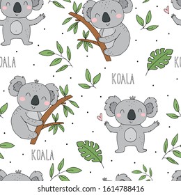 Seamless pattern. Cute character - sleeping animal baby Koala bear. Vector print for baby shower.