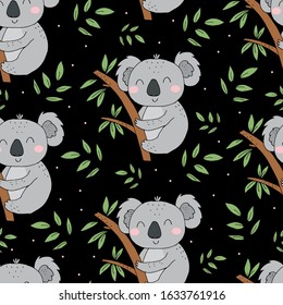 Seamless pattern. Cute character - sleeping animal baby Koala bear. Vector print for baby shower.