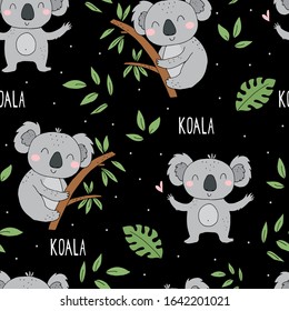 Seamless pattern. Cute character - sleeping animal baby Koala bear. Vector print for baby shower.