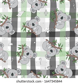 Seamless pattern. Cute character - sleeping animal baby Koala bear. Vector print for baby shower.