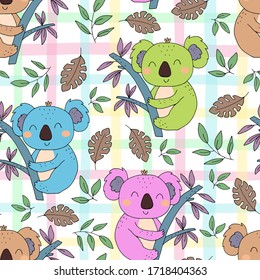 Seamless pattern. Cute character - sleeping animal baby Koala bear. Vector print for baby shower.