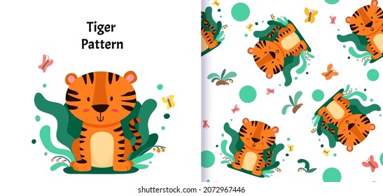 Seamless pattern with cute character Tiger. Cute vector illustration for kids. Can be used for textiles print  and gift wrapping Baby Shower. Vector cartoon illustration