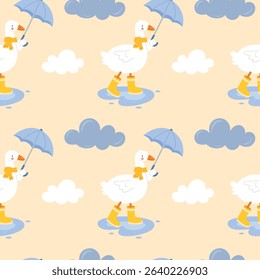 Seamless pattern with cute character, walking goose with umbrella, scarf and rain boots in nature. Funny goose, duck in the rain. Kids pattern. Hand drawn, vector, flat style.