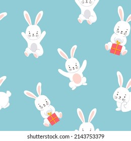 Seamless pattern with Cute character white bunny. Vector illustration of rabbit isolated on blue background. Symbol new year 2023 and Easter