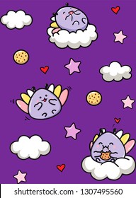 Seamless pattern of a cute character with wings, with clouds, stars, and cookies on a purple background
